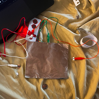 I experimented with using the act of flipping a coin. I wanted the digital response to be different depending on if the coin landed on heads or tails. Due to the coin being conductive, it did not work out.